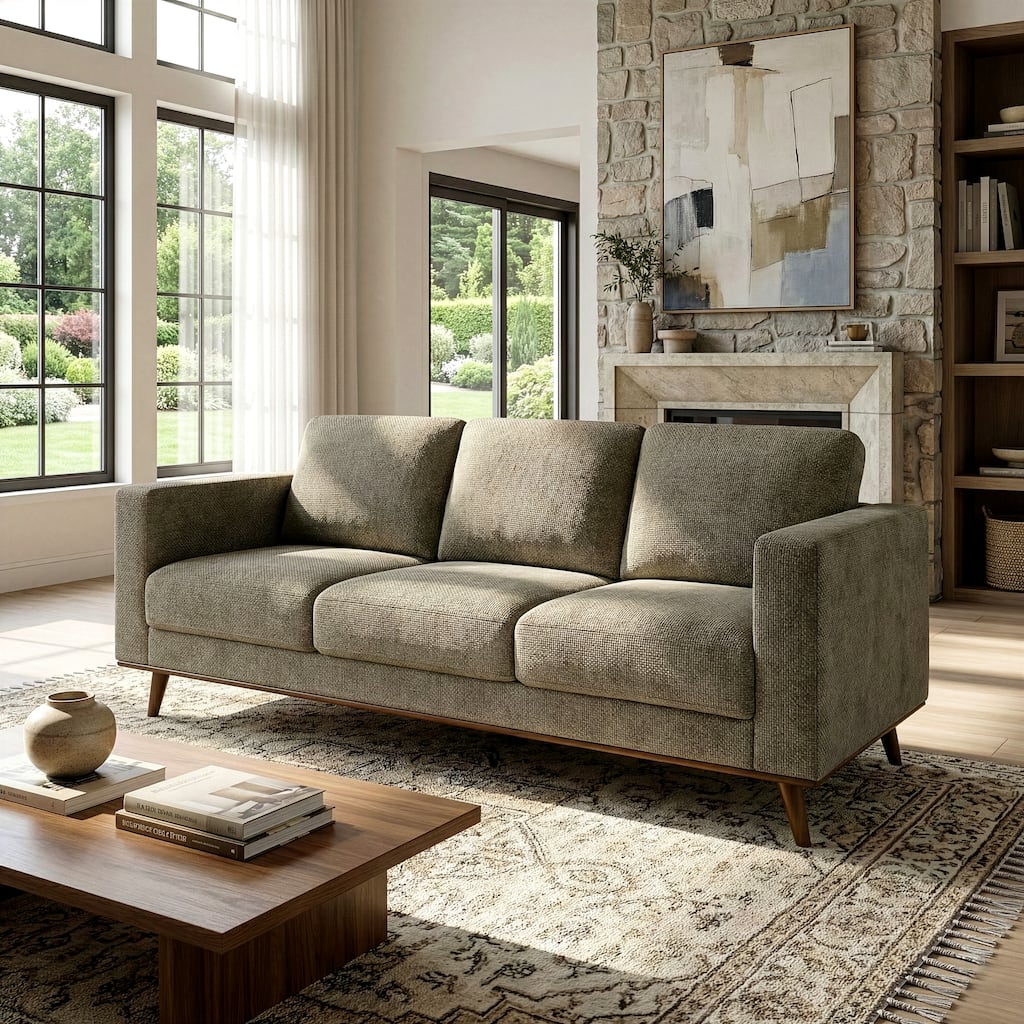 Bishop Brown Corduroy Twill Fabric Sofa with Walnut Wood Legs