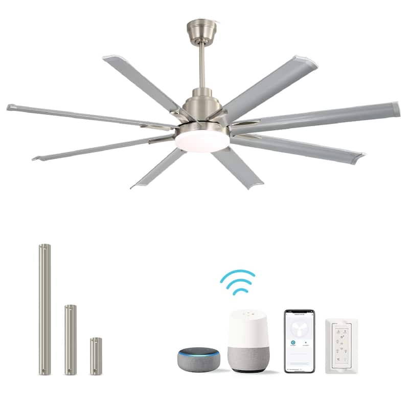 52''/66"/72'' Large Industrial Windmill Smart Ceiling Fan with Light, App and Remote Control, Dimmable LED - Nickel with Silver ABS Blades - 72 Inch