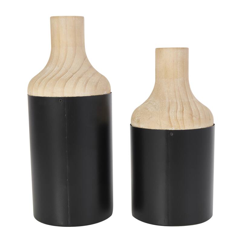 Wood Colorblock Decorative Vase with Light Brown Wood Tops - Set of 2 Black - Roche River Decor