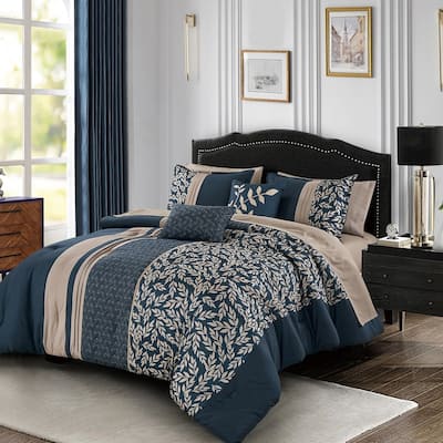 9 Piece Bed-in-a-Bag Blue Beige Floral Solid Soft Bedding Comforter Set