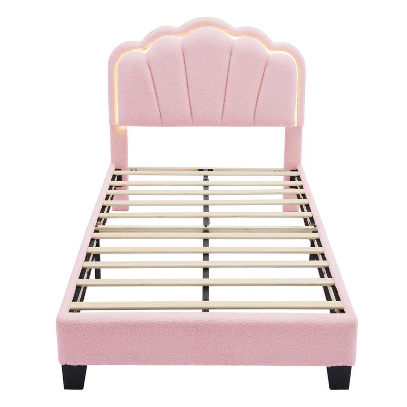 Sherpa Upholstered Flower-Shape Bed, Twin/Full Size, Adjustable LED Light Headboard, Modern Platform Bed with Wooden Slats