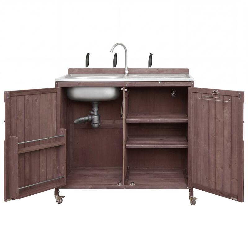39.4" Outdoor Kitchen Island with Sink, Outdoor Kitchen Sink Station w/ 304 Stainless Steel Sink, Hose Hook Up & Faucet