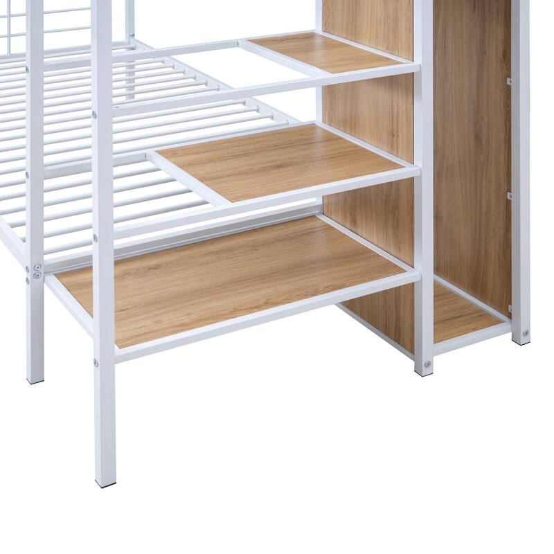 Twin Bunk Bed with Lateral Storage Ladder, Wardrobe, and Full-Length Safety Rails - Iron Frame with Chrome Finish