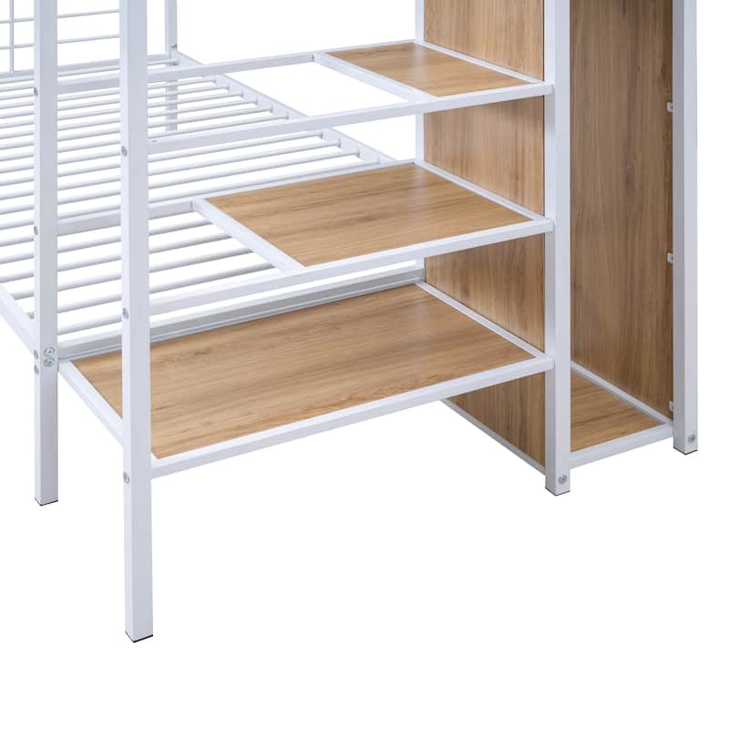 Twin over Twin Size Metal Bunk Bed with Lateral Storage Ladder and Wardrobe