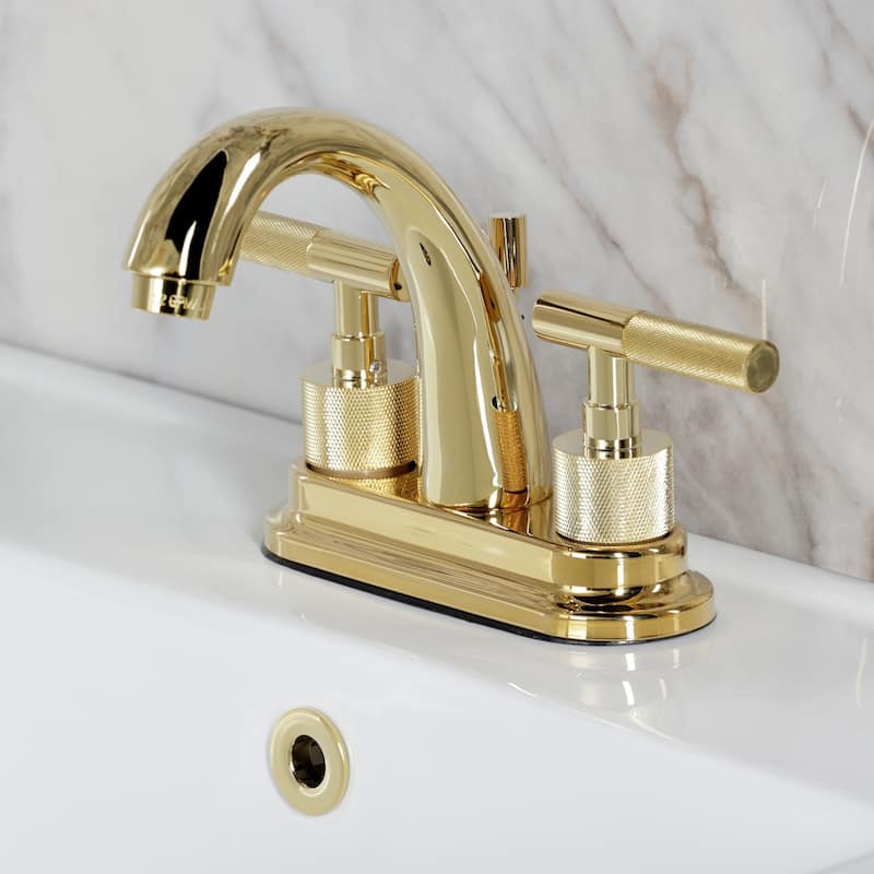 Kingston Brass Convergent Two-Handle 3-Hole Deck Mount 4" Centerset Bathroom Faucet with Knurled Handle and Brass Pop-Up Drain