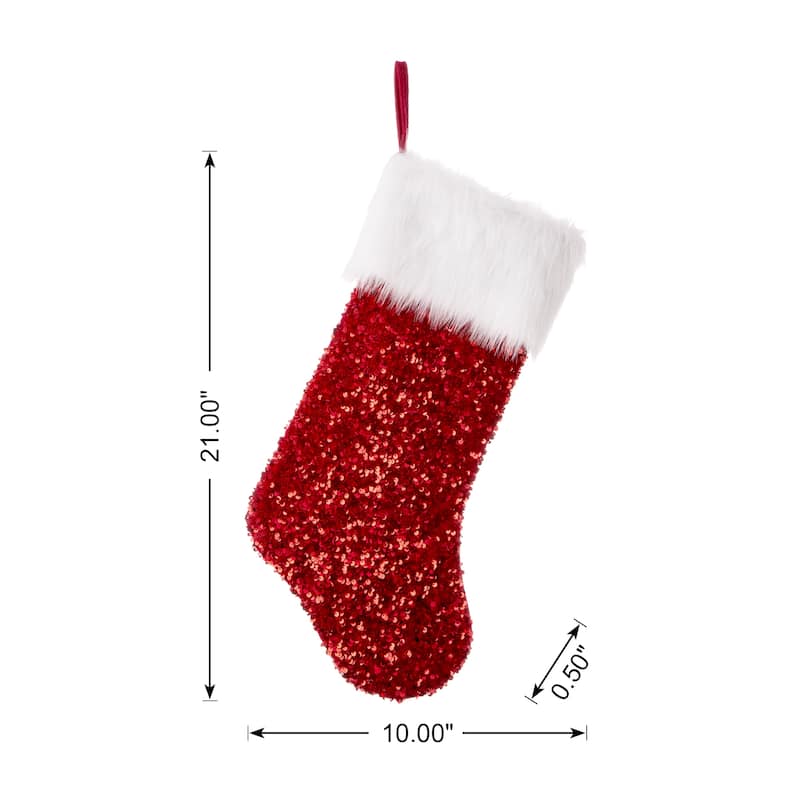 Glitzhome 21"L Red Sequin Christmas Stocking with Faux Fur Cuff