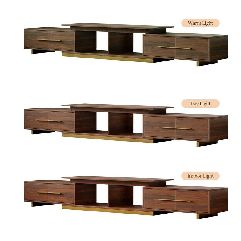 Modern Stainless Steel TV Cabinet with Drawers Expandable Storage Entertainment Center for 100“ TV, Walnut ( 63.4 ”w-94.5 "w)