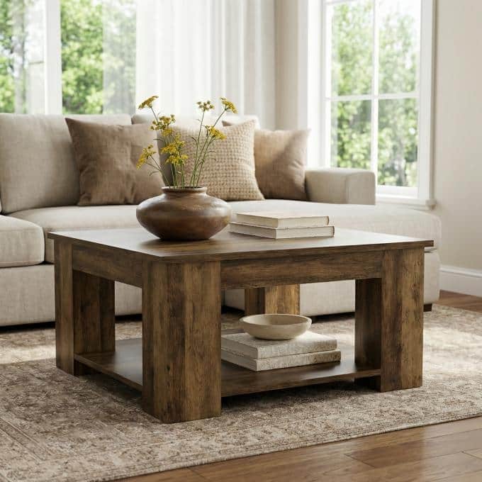 31.49" Square Coffee Table, Wooden Center Table with Storage