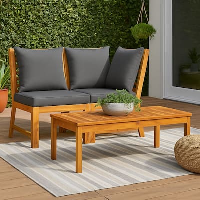 Kio 3pc Outdoor Sofa and Coffee Table Set Dark Gray, Solid Acacia Wood