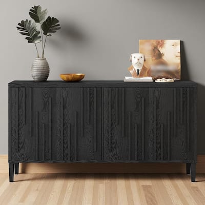 59.8" Wood Sideboard Buffet with Hidden Handles, Ash Veneer 4-Door Cabinet with Storage, Farmhouse Credenza