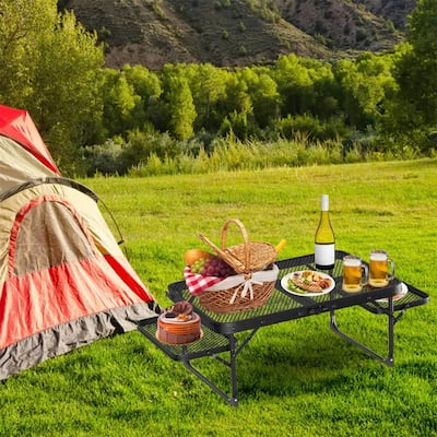 Foldable Collapsible Picnic Aluminum Alloy Grill Stand w/ 2 Side Trays