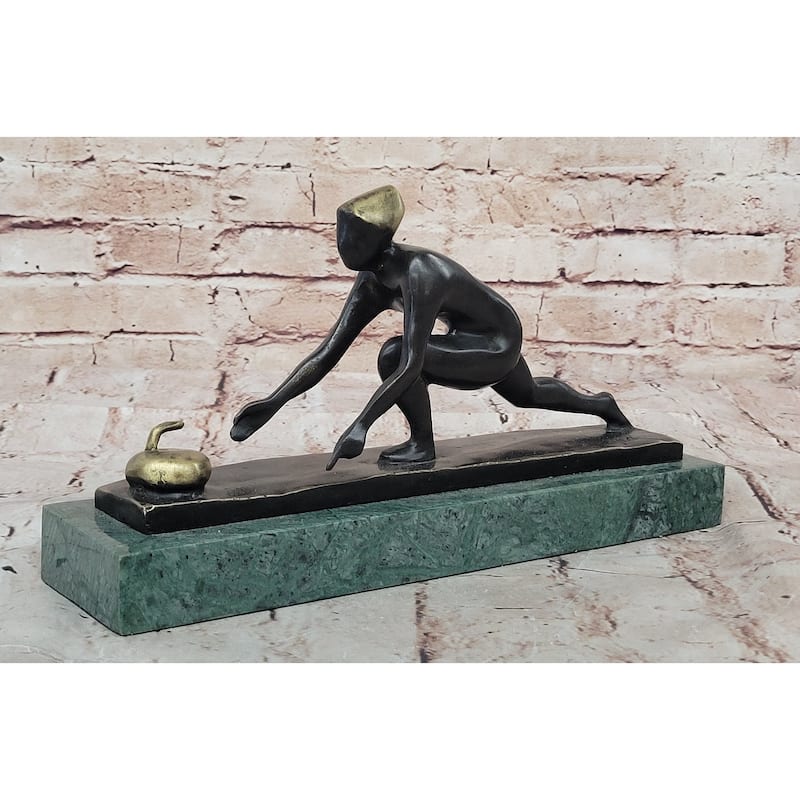 Bronze Curling Player Sculpture – Sports Themed Artwork On Marble Base