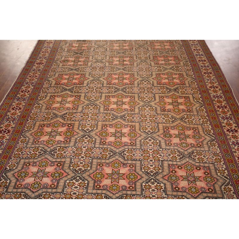 Geometric Anatolian Turkish Vintage Rug Handmade Beige Wool Carpet - 6'7" X 9'10"