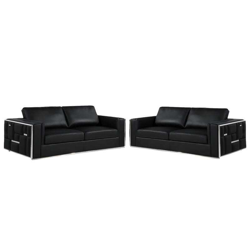 HomeRoots Two Piece Indoor Black Italian Leather Four Person Seating Set