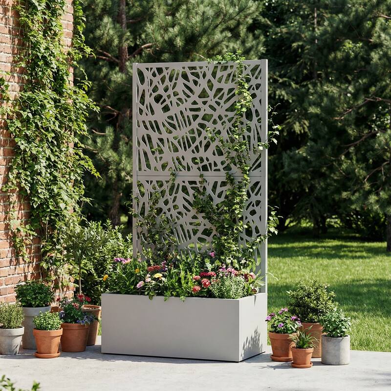 Metal Galvanized Planter Box with Trellis Privacy Screen Lockable Wheels - Grey-Rectangle - 59"x30"