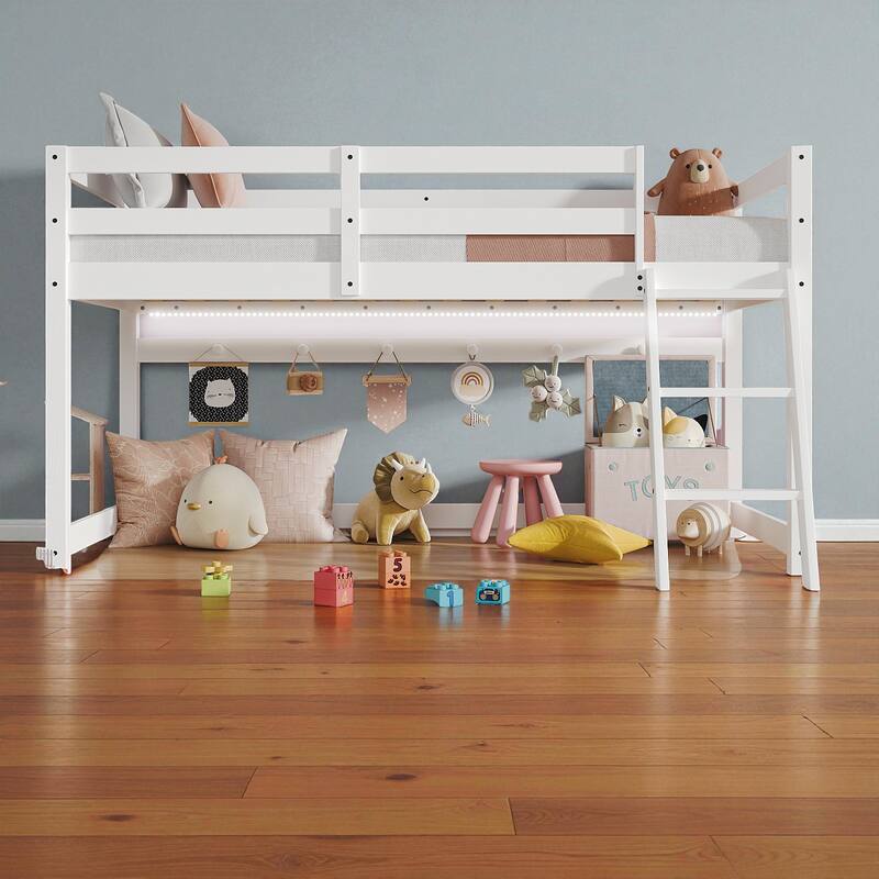 Kids Twin Convertible Low Loft Bed to Bunk Bed, Solid Wood Modern Frame with LED Strip Lighting and Storage Hooks