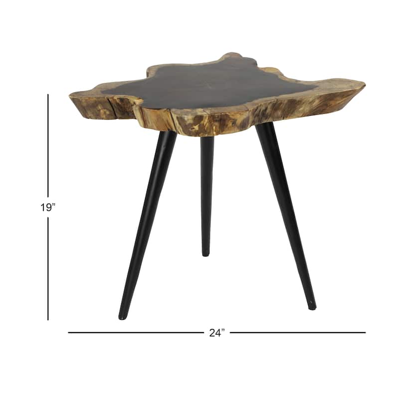 Wood Handmade Live Edge Top Side End Accent Table with Black Metal Tripod Legs - Brown - Roche River Decor