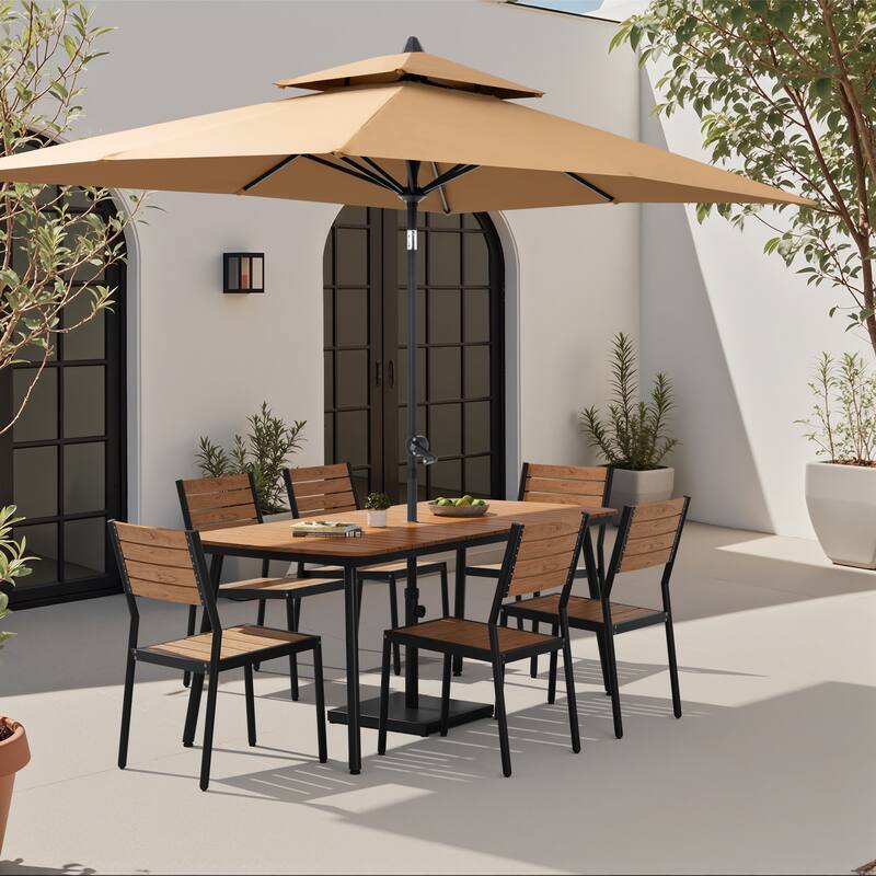9-Piece Outdoor Dining Set Rectangular Aluminum Table and Stackable Chairs with Umbrella and Base - Brown