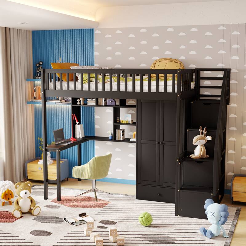 Modern Twin size Loft Bed with Bookshelf,Drawers,Desk,and Wardrobe