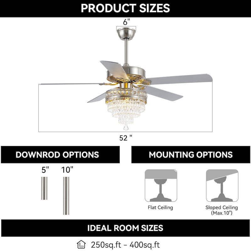52 Inches Crystal Ceiling Fan Light,Chandelier,APP and Remote Control,5 Dual Side Plywood Blades,Reversible AC Motor - 52 Inches