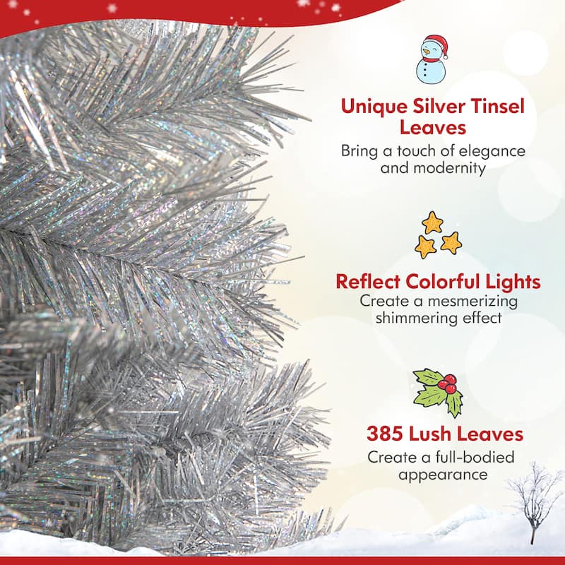 Gymax 5/6/7 FT Pre-Lit Artificial Christmas Tree Silver Tinsel Hinged - See Details