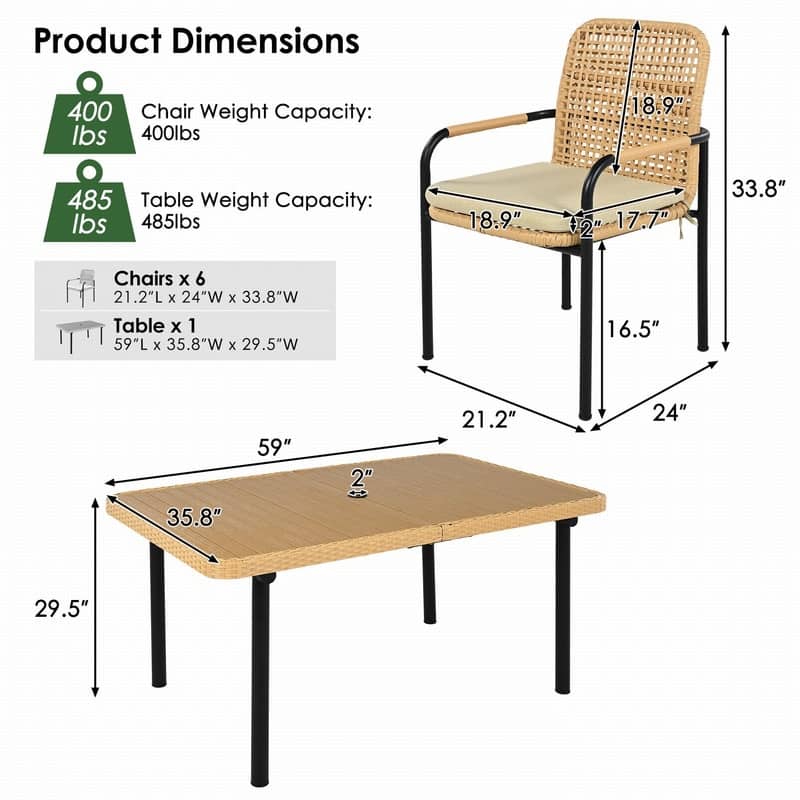 7 Piece Outdoor Wicker Dining Set with Plastic Wood Table Top and Removable Cushions for Patio Use