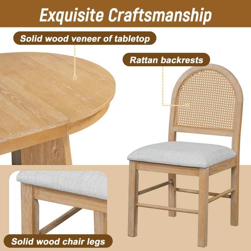 Spruce & Spring Round Dining Table Set for 4, Extendable 5-Piece Mid Century Modern Farmhouse Table with Rattan Chairs