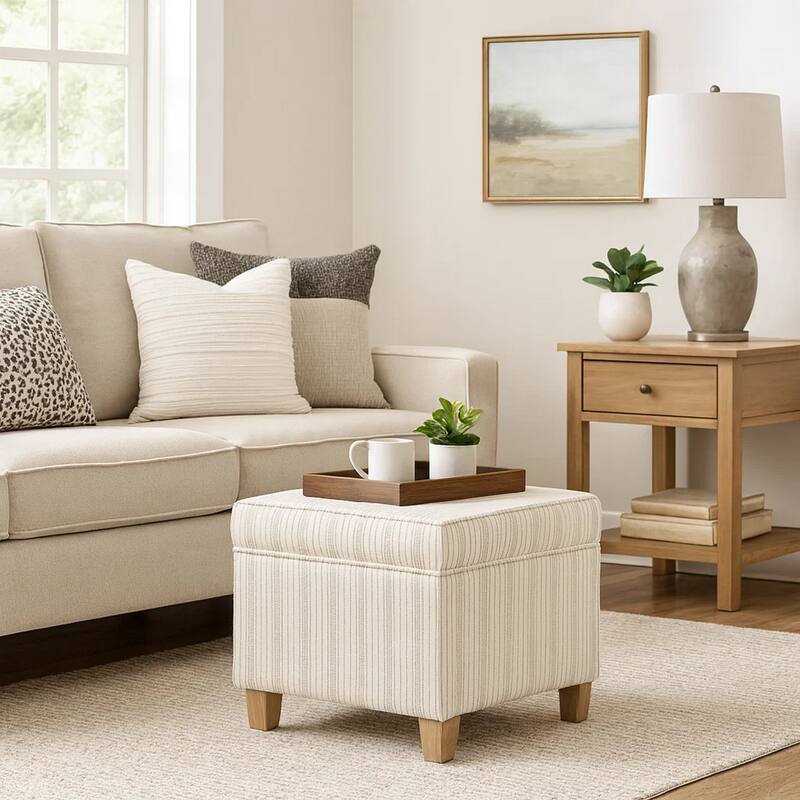 Pyp Square Storage Ottoman, 18 Inch Ivory Pinstripe Fabric, Brown Legs