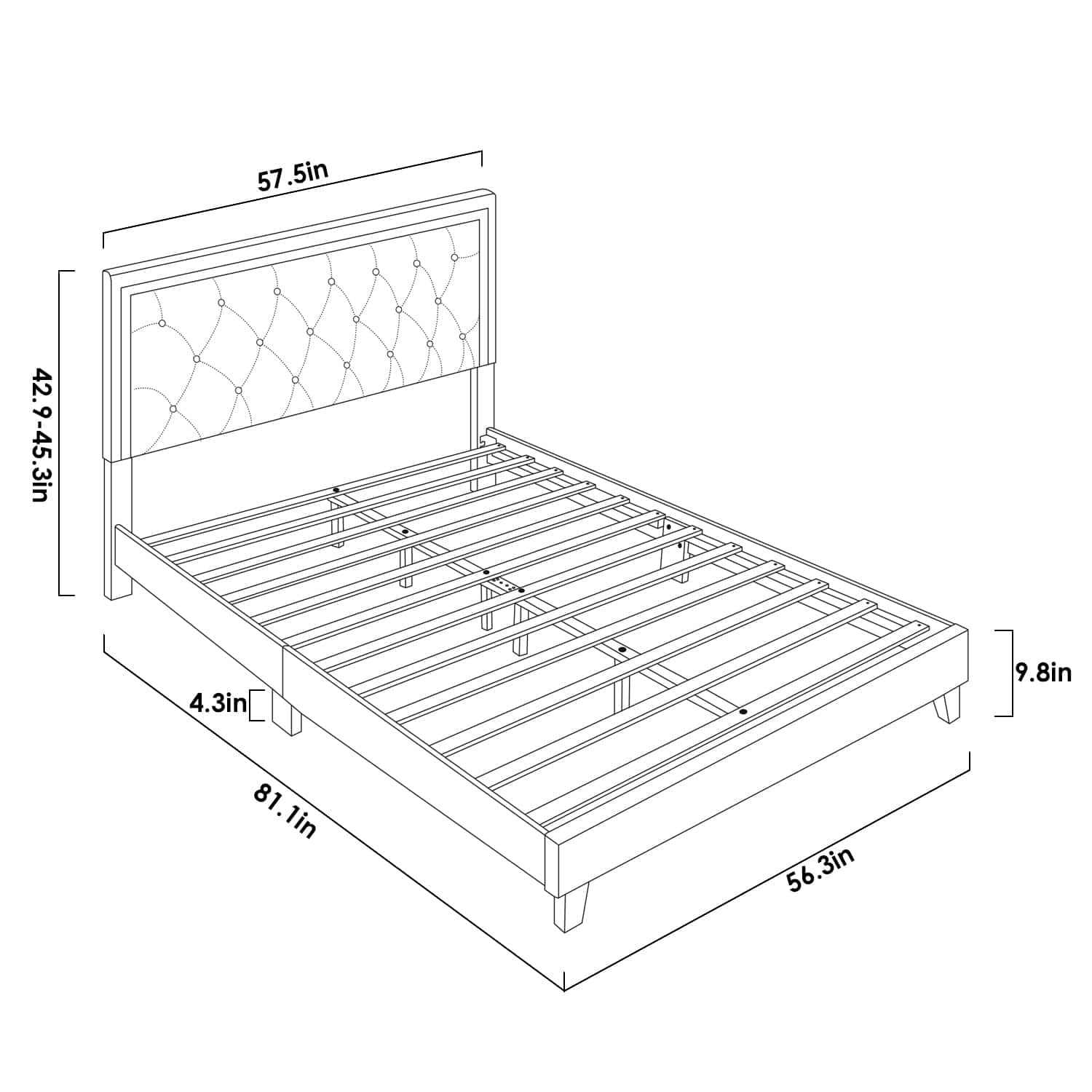 Full Bed Frame, Upholstered Platform Bed Frame with Modern Adjustable