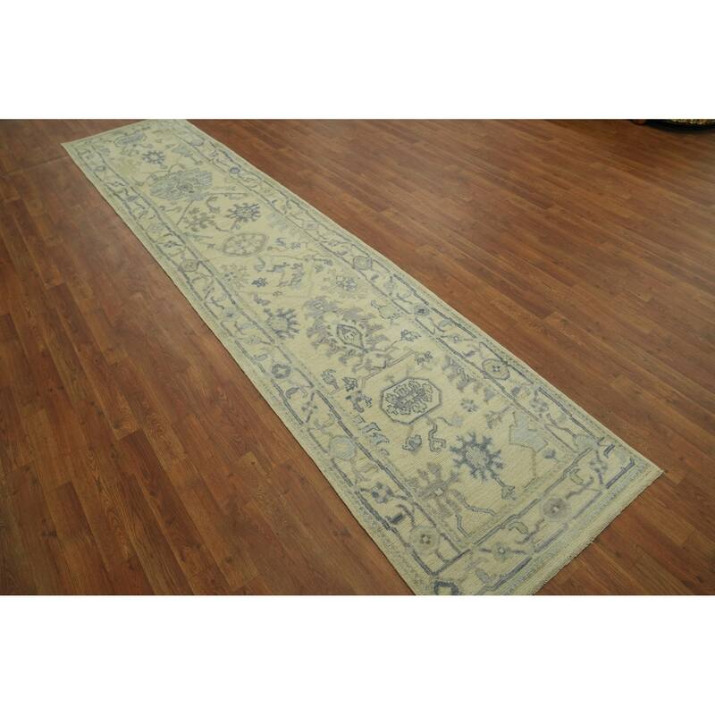 Vegetable Dye Floral Oushak Turkish Runner Rug, Floral Geometric Carpet - 12' 4'' X 2' 8''