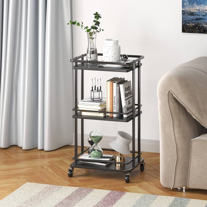 3-Tier Rolling Serving Bar Cart, Wood and Metal Kitchen Island Storage Cart with Wheels, Multifunction Utility Drink Cart