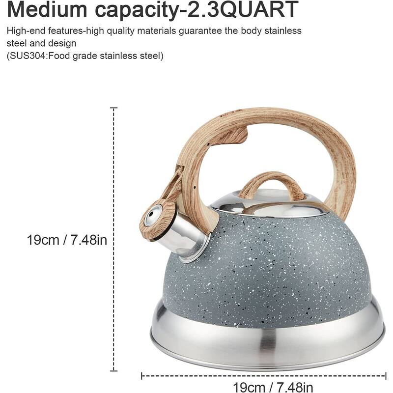 Creative Home 2.3 Qt. Stainless Steel Whistling Tea Kettle with Ergonomic Wood Rubber Touching Handle, Opaque Gray with Speckle