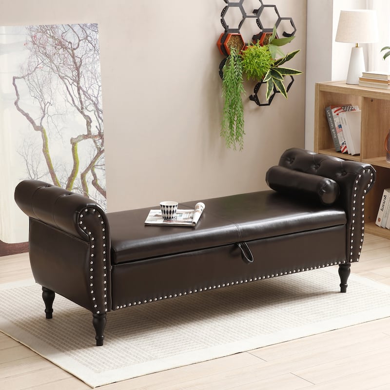 63" PU Upholstered End of Bed Bench Flip Top Entryway Ottoman with Safety Hinge Storage Rectangular Sofa Stool Buttons