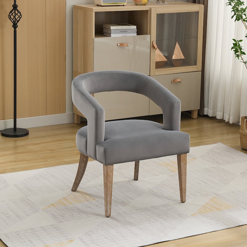 Wide Modern Barrel Open Back Upholstered Accent Chair with Weathered Solid Wood Legs Dining Chairs - Grey