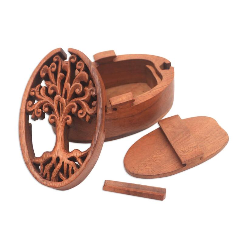 Handmade Tree Oval Wood Puzzle Box (Indonesia) - 2.6" H x 3.1" W x 5.5" D