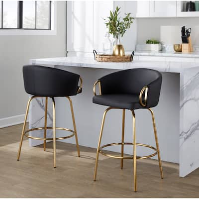 Silver Orchid Battista 26" Fixed-Height Gold Counter Stool with Round Gold Footrest (Set of 2)