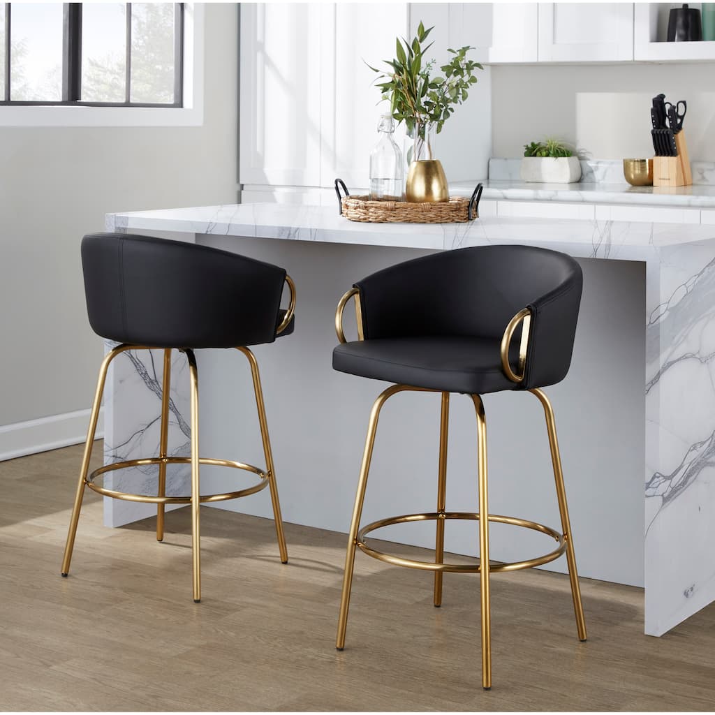 Silver Orchid Battista 26" Fixed-Height Gold Counter Stool with Round Gold Footrest (Set of 2)