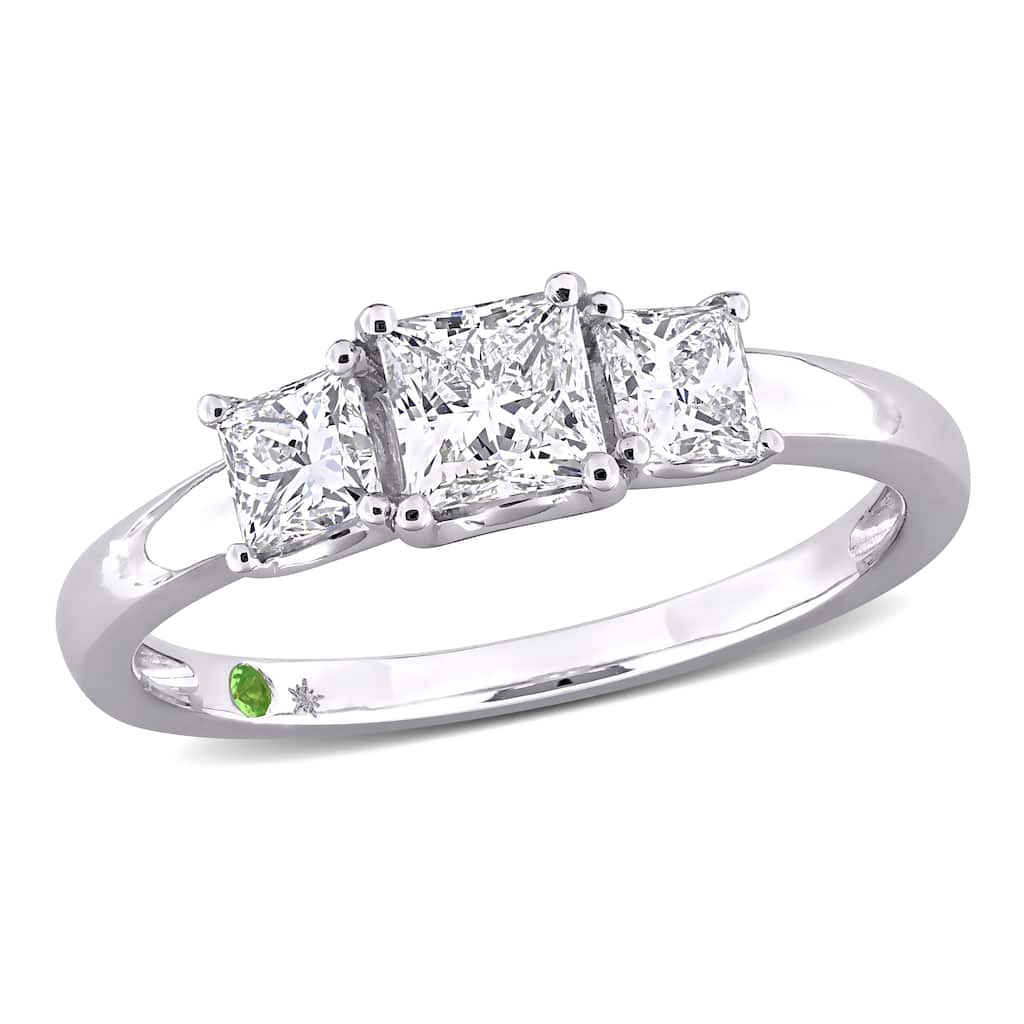 Miadora 1ct TDW Princess-Cut Lab-Grown Diamond and Tsavorite Accent Three-Stone Ring in 14k White Gold