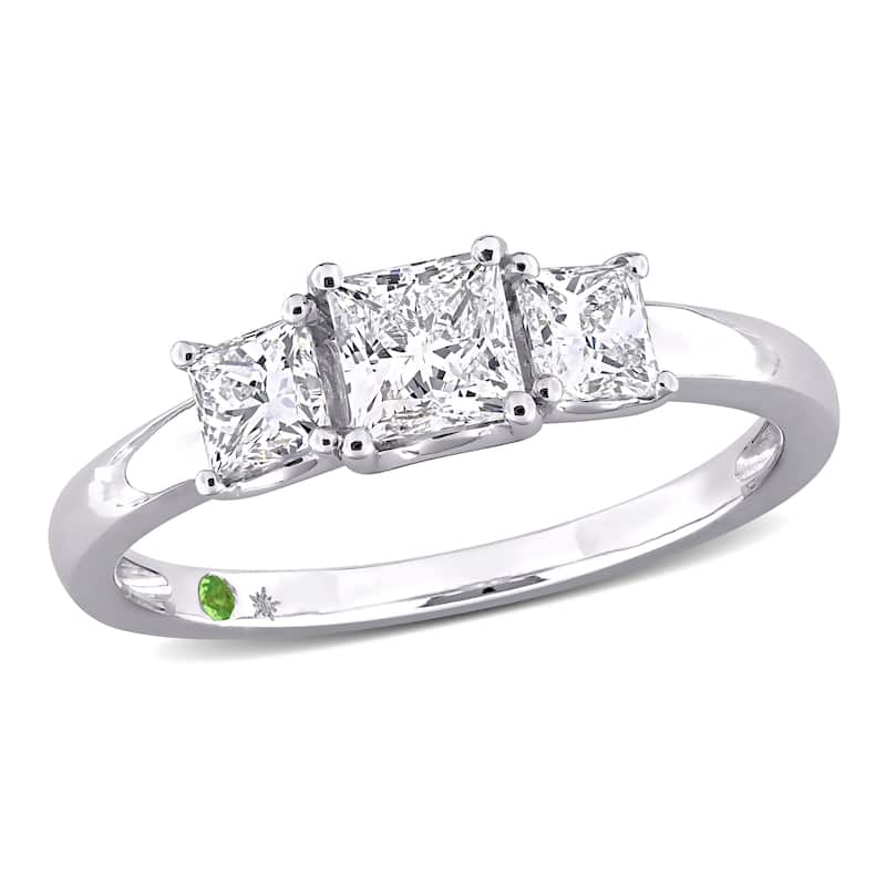 Miadora 1ct TDW Princess-Cut Lab-Grown Diamond and Tsavorite Accent Three-Stone Ring in 14k White Gold