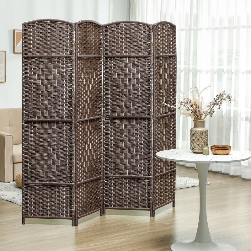 Polypropylene Freestanding Privacy Screen with Arch Design and Pine Wood Frame Ideal for Any Room - 4-Panel - Brown