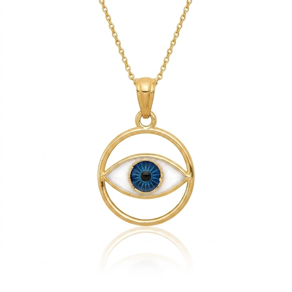 Curata 14k Yellow Gold 18" 21x15mm Small Blue Enamel Evil Eye in a Circle Protection Necklace