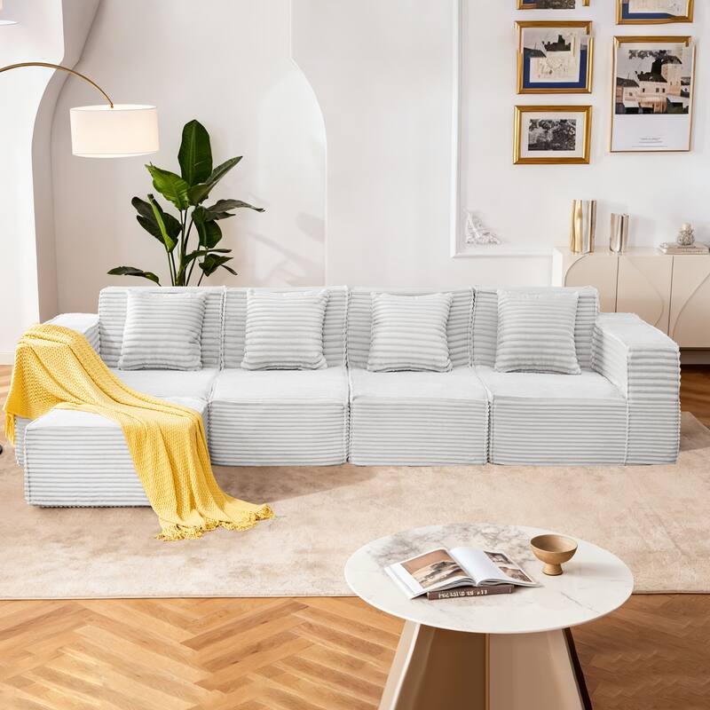 L-Shaped Modular Sectional Sofa with Ottoman, Striped Corduroy Deep Seat Cloud Couch, Large 4-Seat Corner Sofa - Light Gray