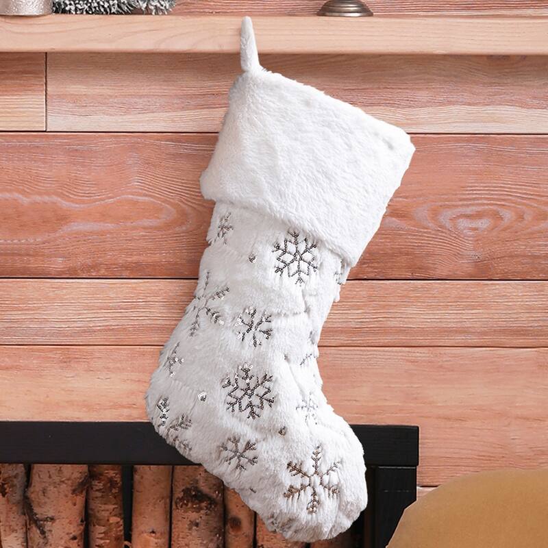 Glitzhome White Plush with Snowflake Christmas Stocking - 21"L