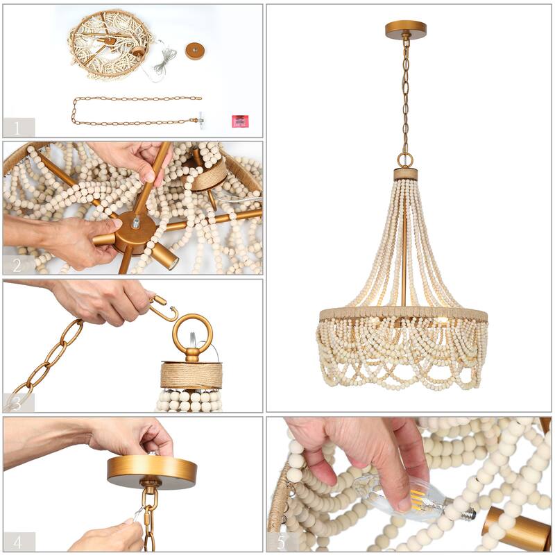 Farmhouse Distressed Wood Beaded Chandelier Empire 3-light Hemp Rope Basket Coastal Ceiling Lights - D 20" x H 33"