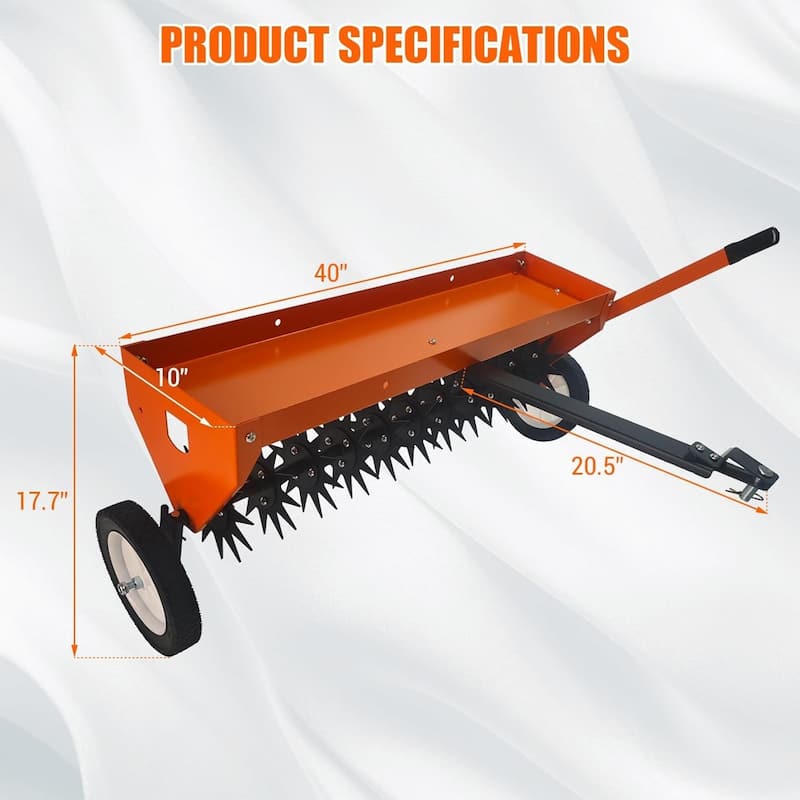 40-Inch Tow-Behind Lawn Aerator Heavy-Duty Steel Teeth Adjustable Handle & Transport Wheels Orange