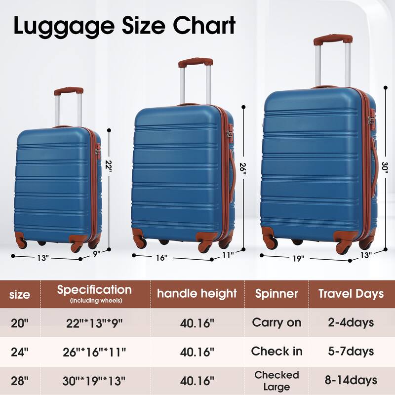 3 Piece Luggage Set ABS Hardside Lightweight Suitcase Set with Spinner Wheels and TSA Lock, 20" 24" 28" Luggage Case