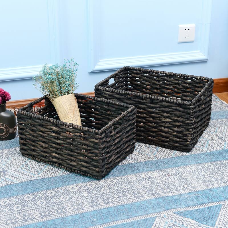 Set of 2 Rectangle Handmade Twisted Wicker Baskets with Handles by Villacera (Black)