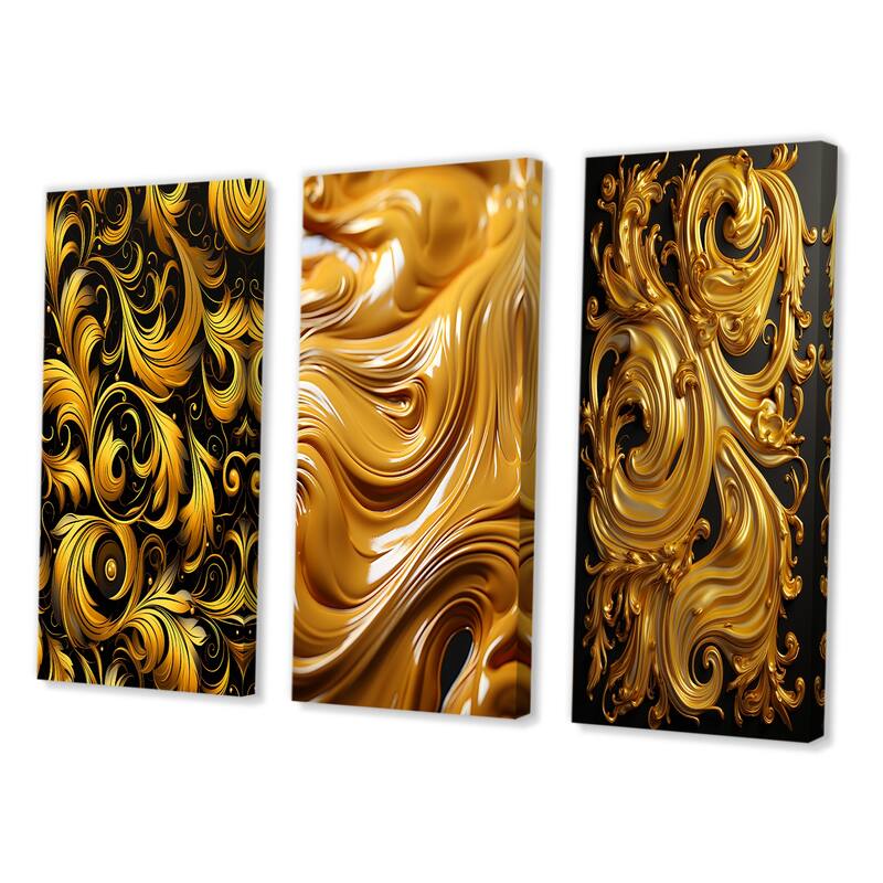 Designart "Golden Ornament Pattern On Black V" Abstract Spirals Gold - Gallery Wall Set Of 3 For Home Decor