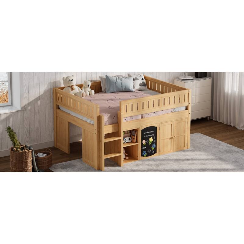 Roomfitters Full Size Loft Bed with Storage Cabinet, Open Shelves and Chalkboard Panel