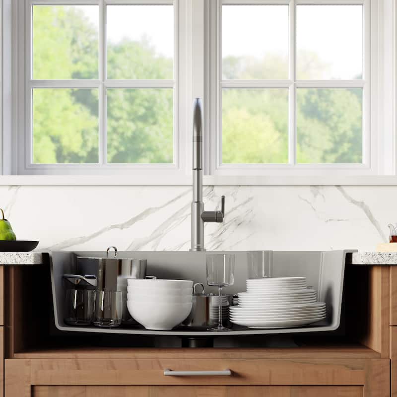 Karran QT-812 Top Mount 33 in. Large Single Bowl Quartz Kitchen Sink in Grey With Kitchen Faucet in Stainless Steel